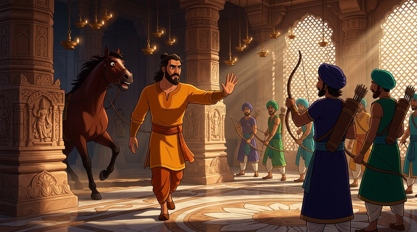 Nakuladeva steps into the arena unarmed, halting the archers: 'A noble beast does not rage without agony!'
