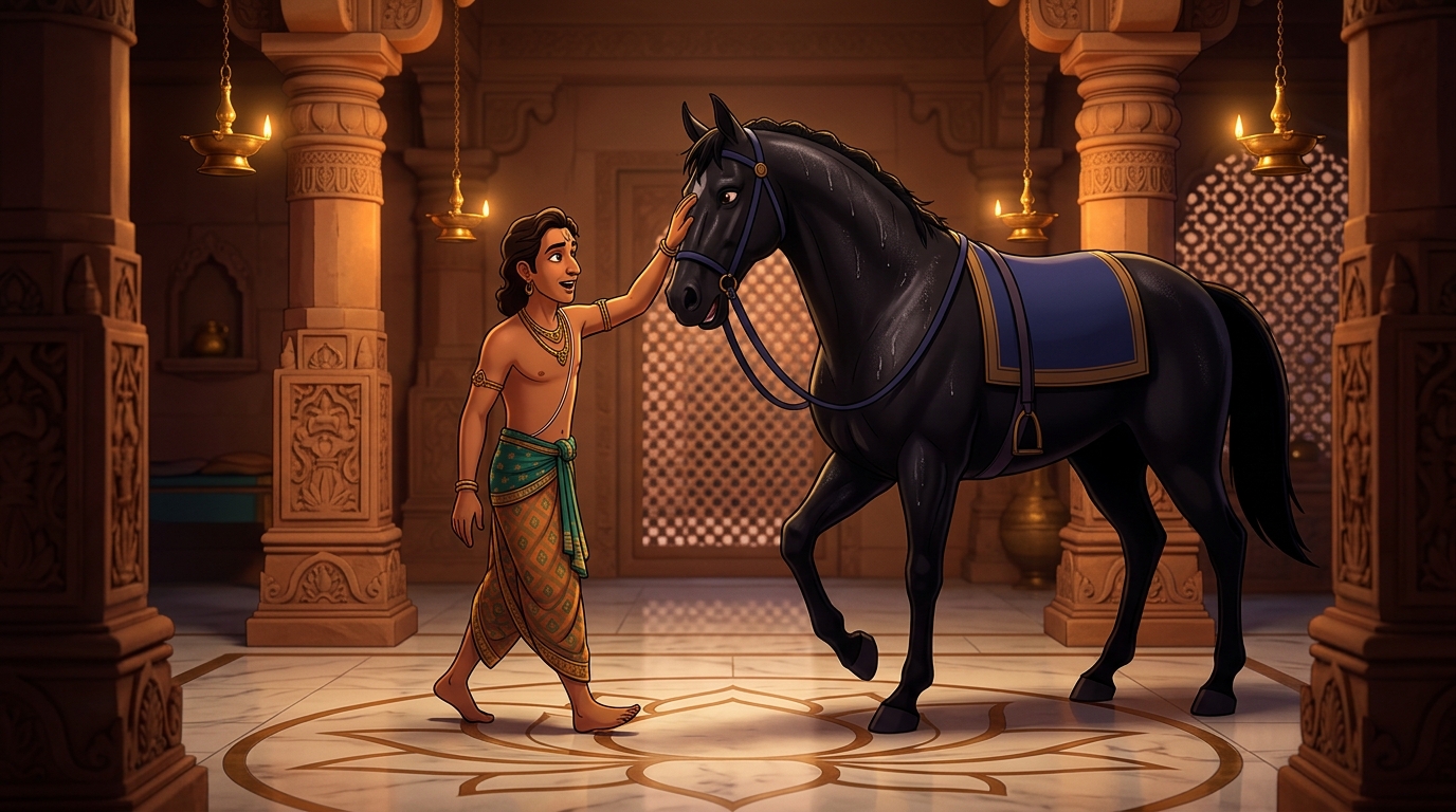 Nakuladeva walks slowly toward the stallion, speaking gentle words and stroking its neck