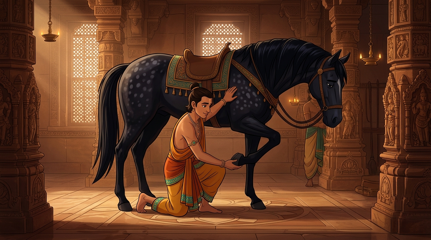 The trembling horse calms beneath his gentle touch, allowing him to lift its rear hoof