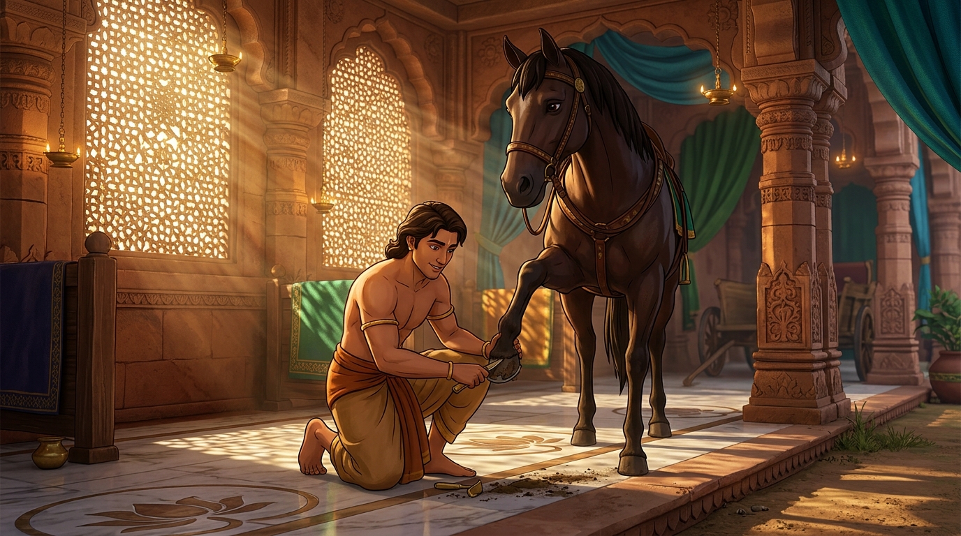 Nakuladeva gently scrapes away caked dirt from the horse's central triangular sole