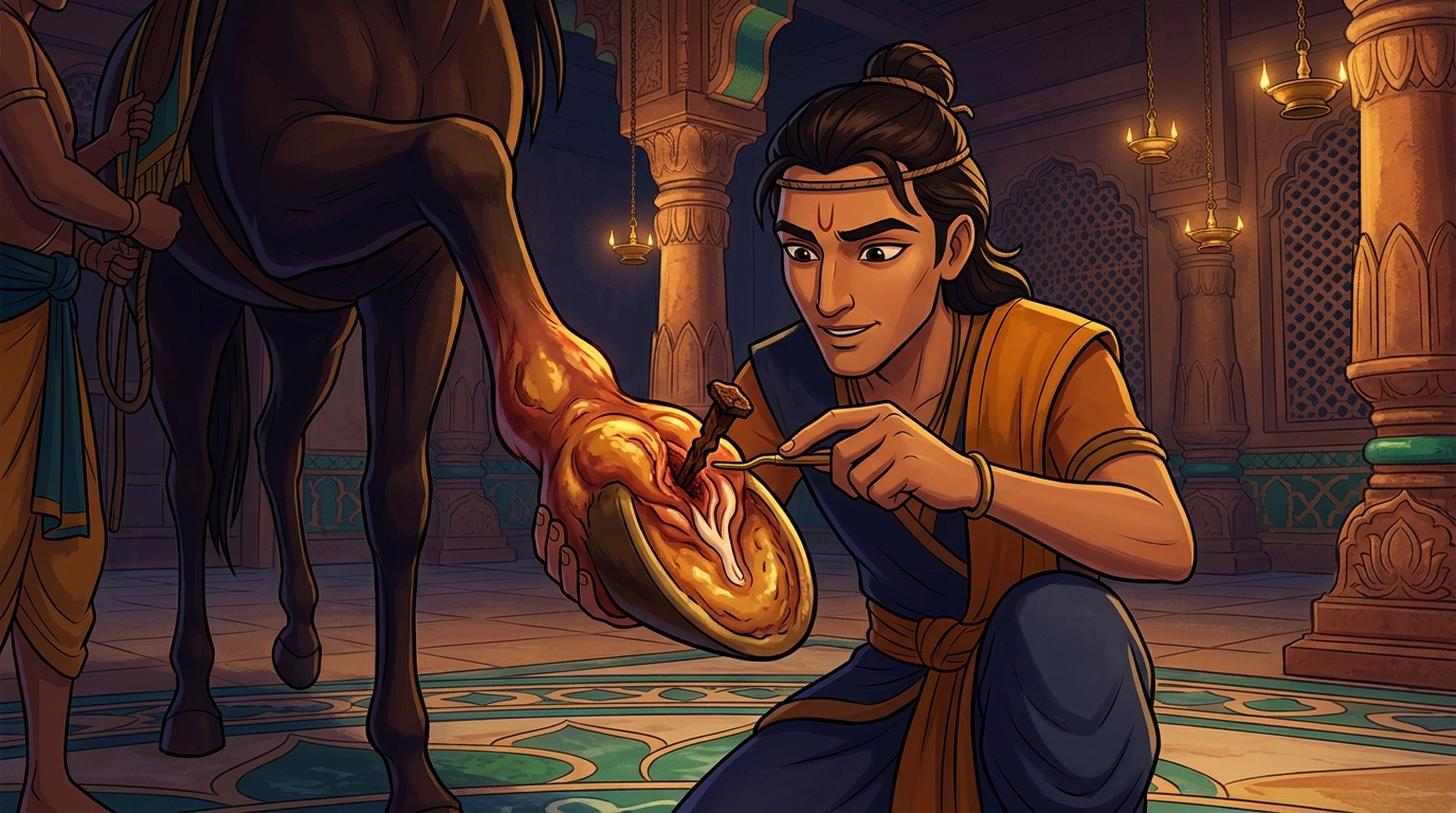Deep inside the inflamed flesh of the hoof, Nakuladeva spots a sharp broken rusty iron nail
