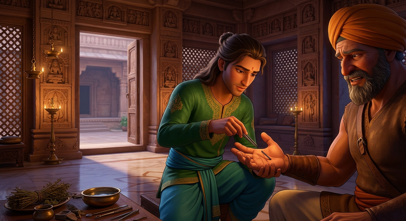 Using silver tweezers, Nakuladeva gently extracts the iron splinter without causing harm