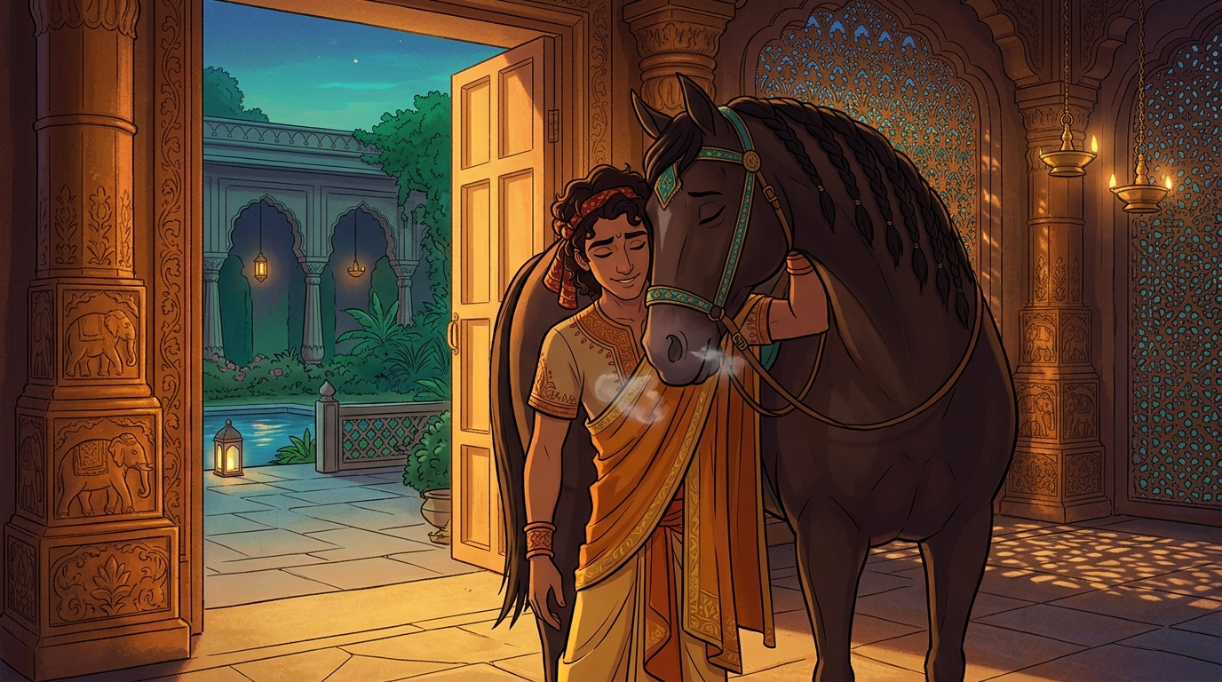 The stallion exhales a soft joyful whinny of relief, affectionately nuzzling Nakuladeva