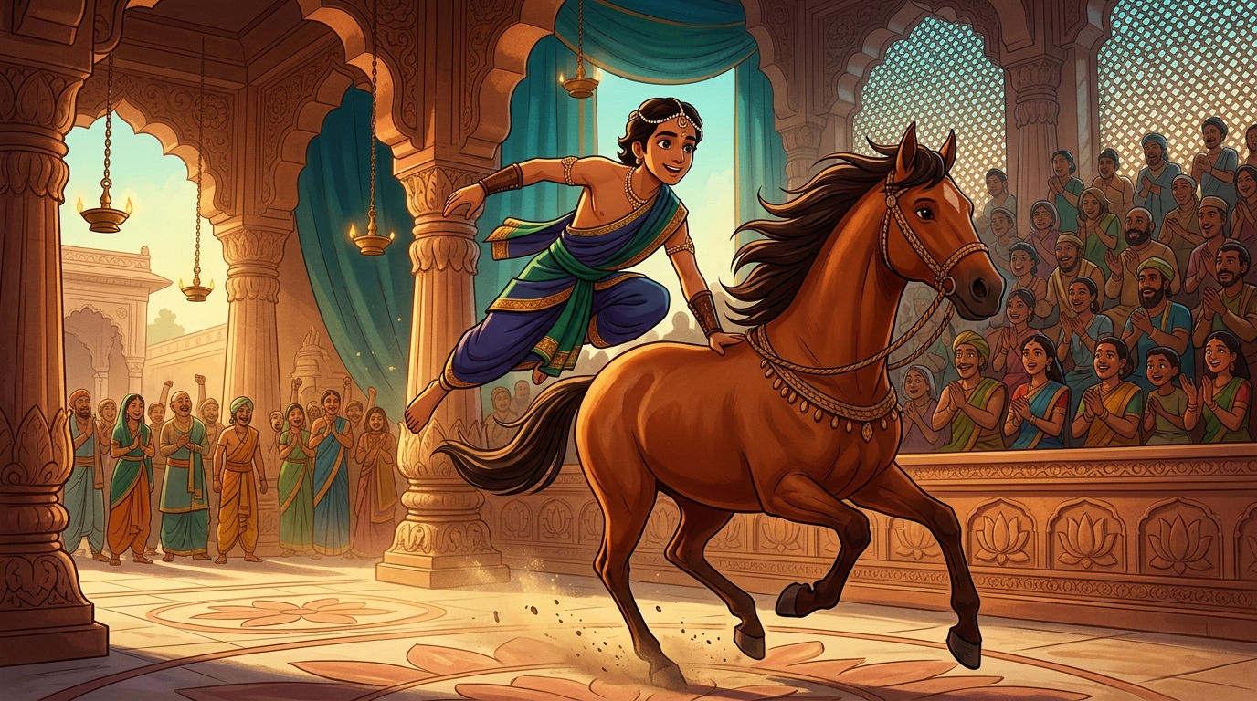 Nakuladeva leaps onto the bareback stallion, galloping in flawless harmony around the arena