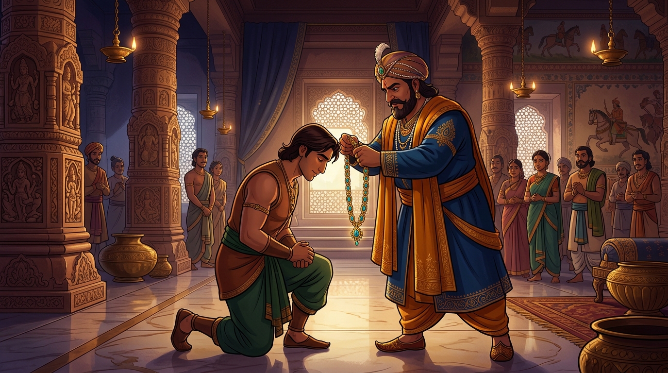 King Virasena places a golden chain around Nakuladeva's neck, naming him Grand Master