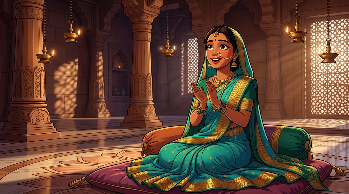 Prabhavati sitting on the silk cushions, clapping in wonder at the hoof nail parable