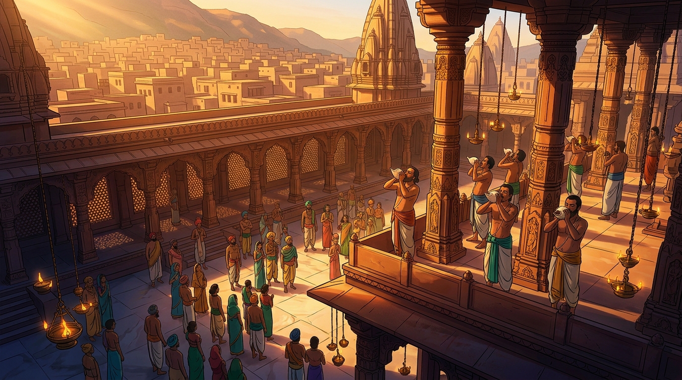 Golden dawn sunlight flooding across the sandstone arches as temple conches sound