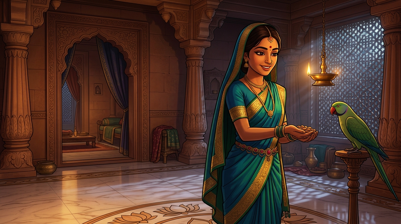 Prabhavati unclasps the ruby waistband, hands Shuka sweet almonds, retreats peacefully