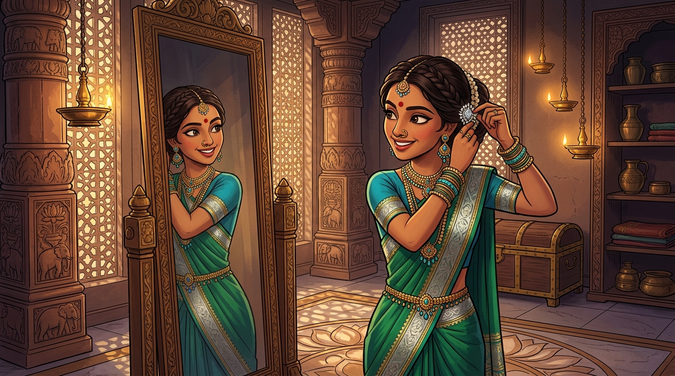 Prabhavati in emerald-green and silver silk pinning the diamond brooch by candlelight