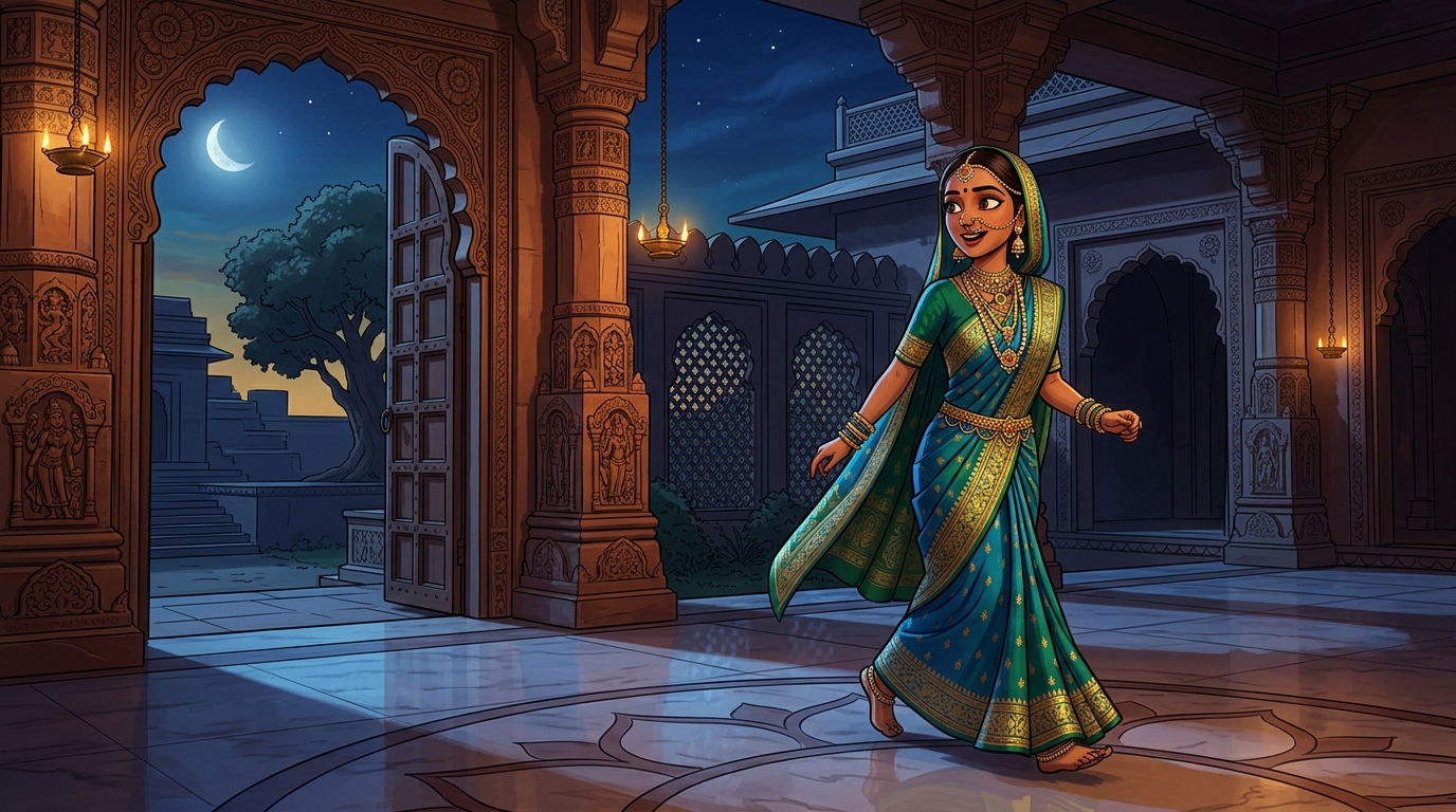 Prabhavati stepping toward the courtyard gate with swift, eager steps under the moonlit sky