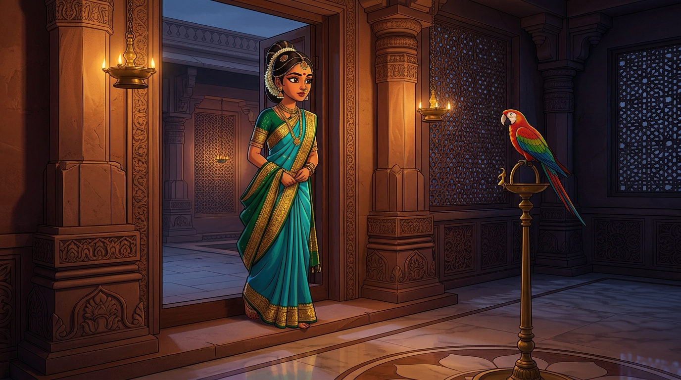 Prabhavati pausing on the doorstep with an amused smile