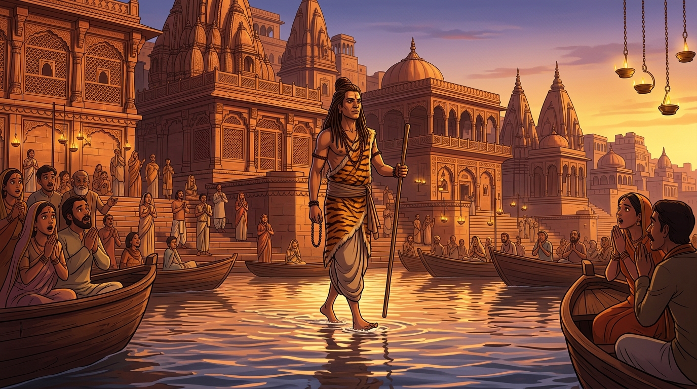 On the holy river Ganga in Varanasi, Ascetic Tapasvi walking upon water before pilgrims