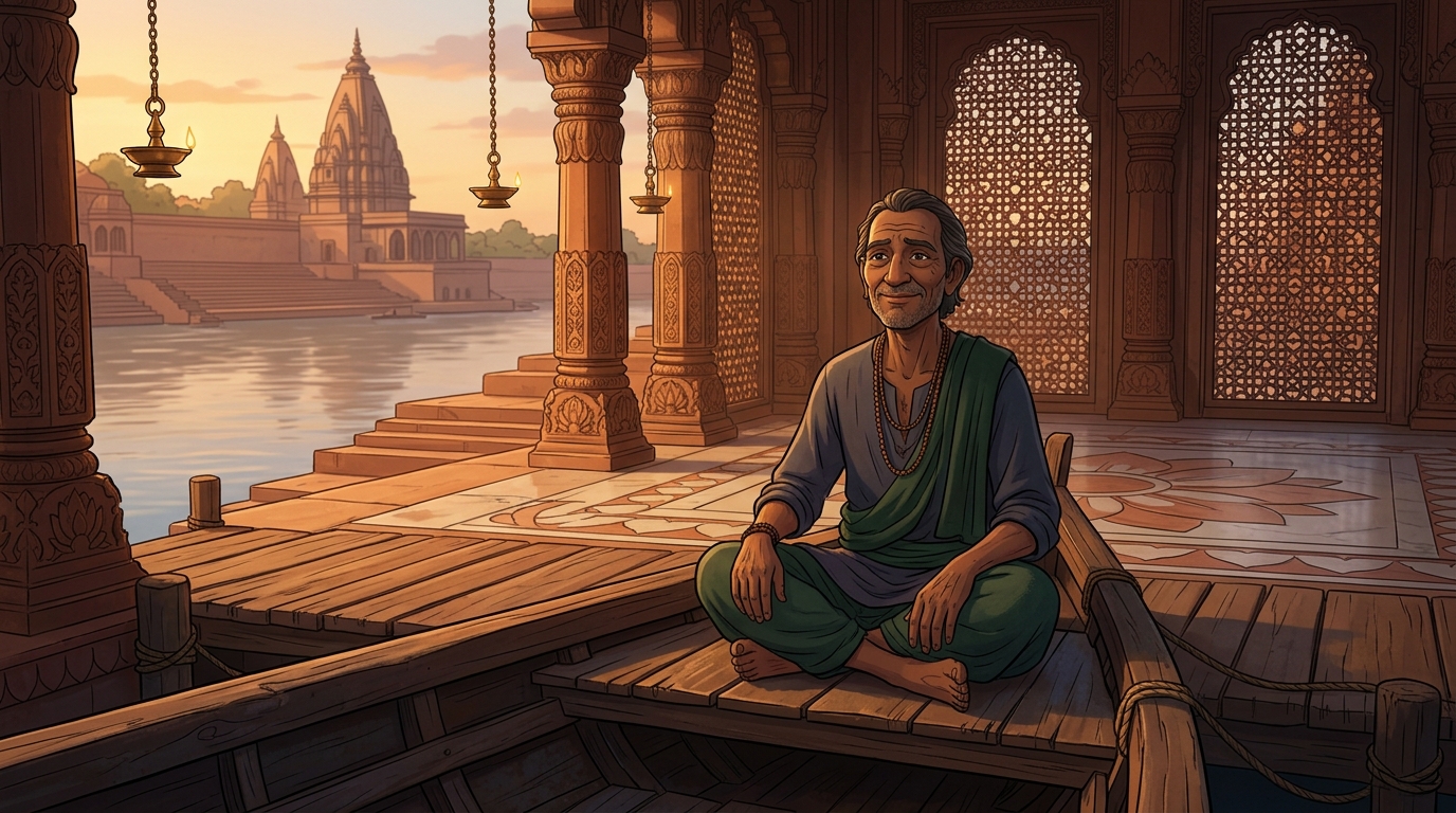 Humble boatman Kevata sits peacefully by his ferry, smiling with gentle wisdom