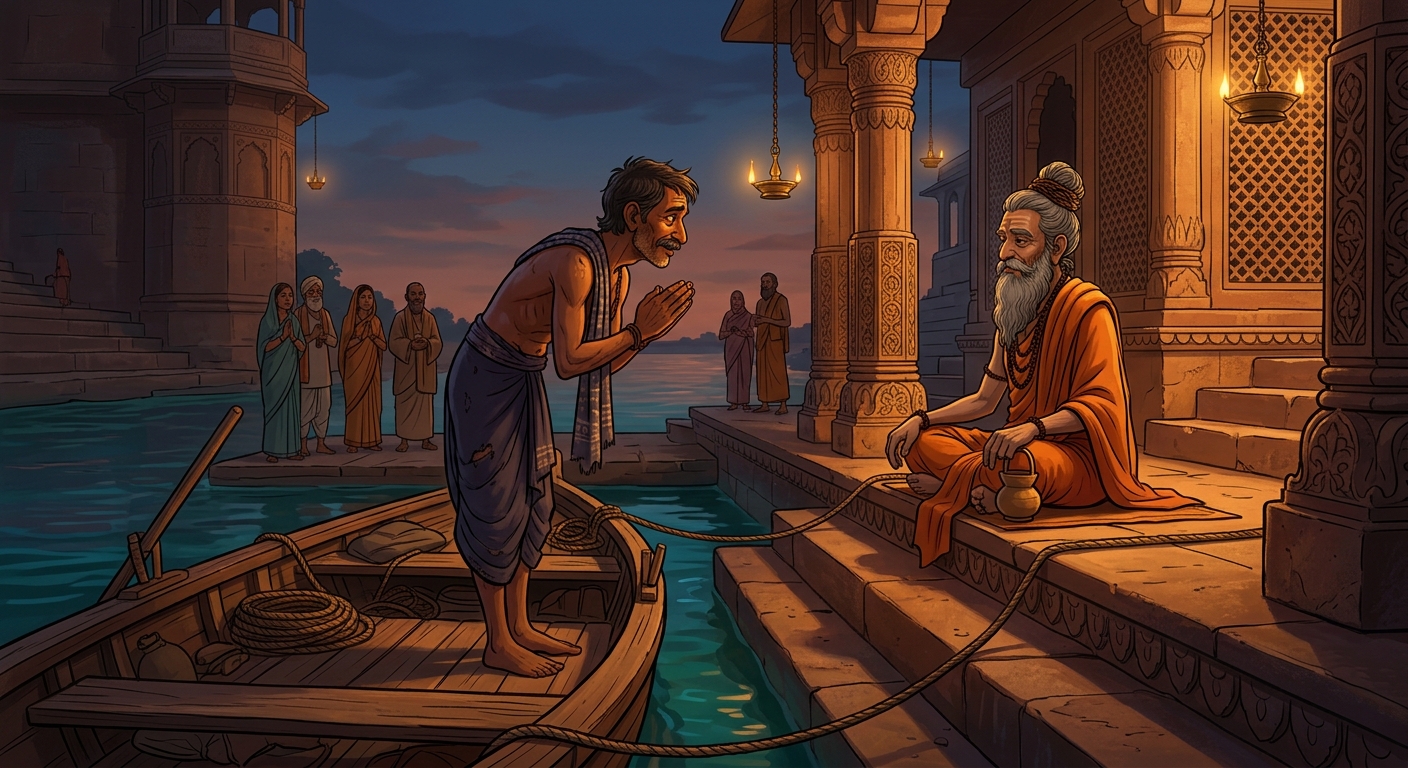 Kevata bows with folded hands: 'Tell me, how much does my ferry charge to cross the river?'