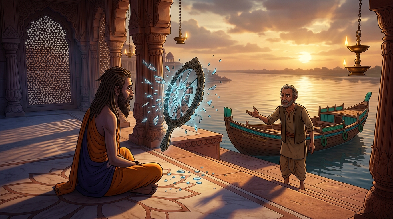 The boatman's words strike the ascetic's heart; the mirror of spiritual ego shatters
