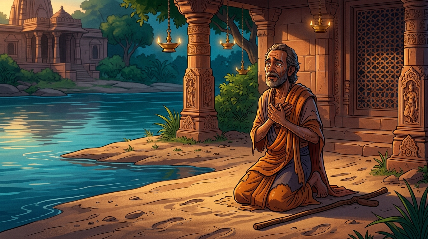 Weeping in profound realization, the ascetic falls to his knees on the riverbank sand