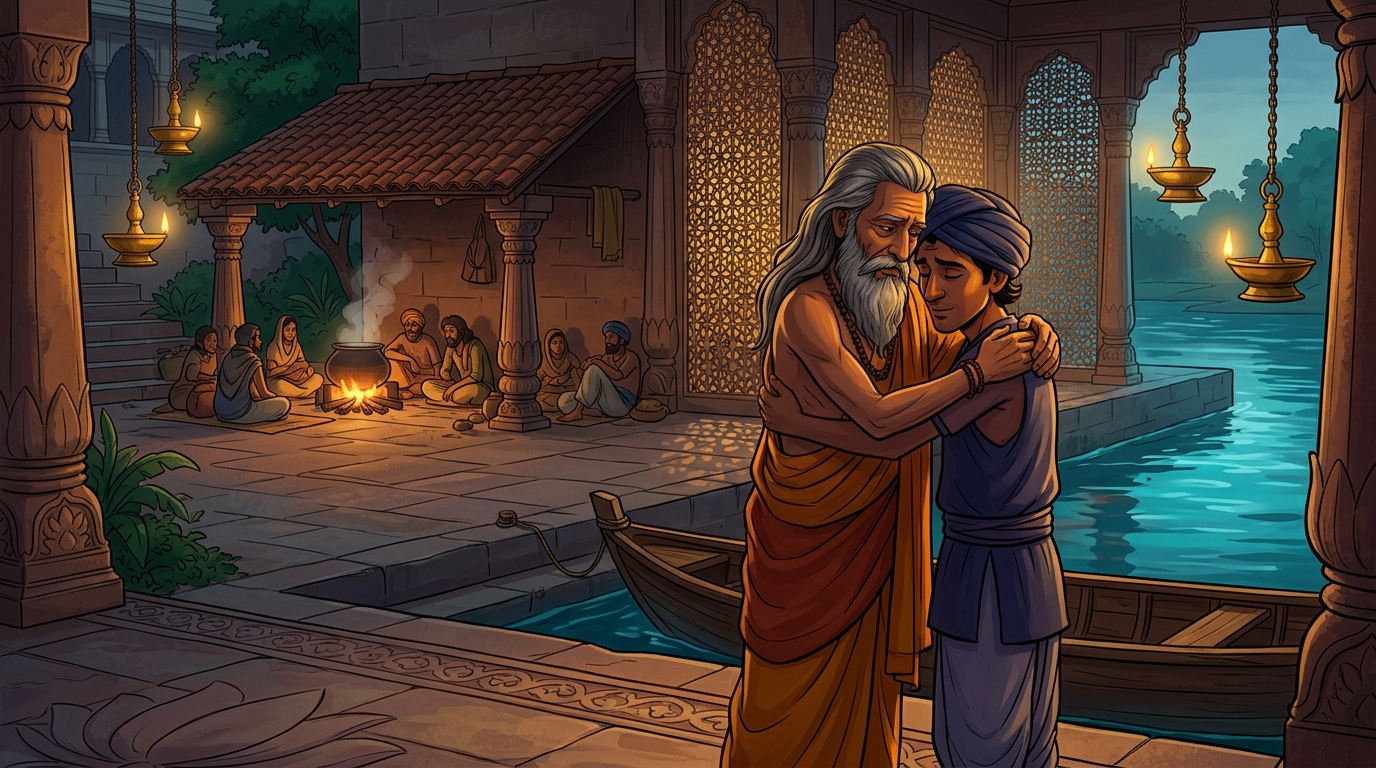 The ascetic embraces the boatman, dedicating his life to serving the poor and sick