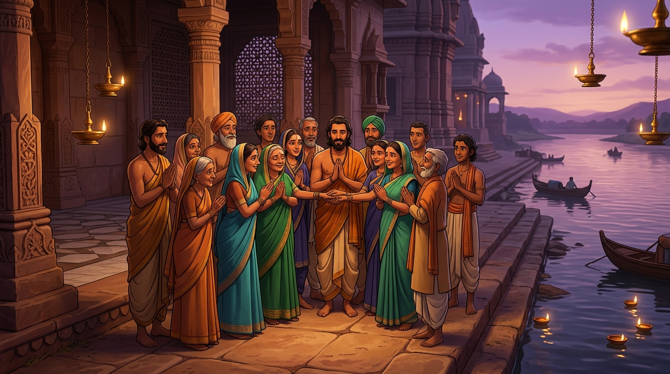 Pilgrims join hands in reverence, celebrating that humble duty surpasses proud miracles
