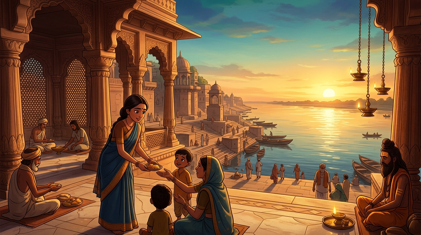 Sunset over the Ganga river ghats, illuminating the beauty of selfless dharma