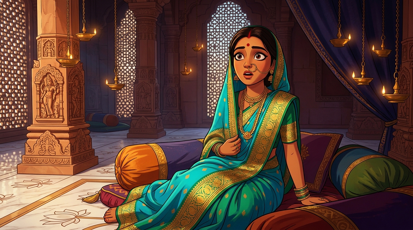 Prabhavati sitting on the silk cushions, clapping in wonder at the boatman's lesson
