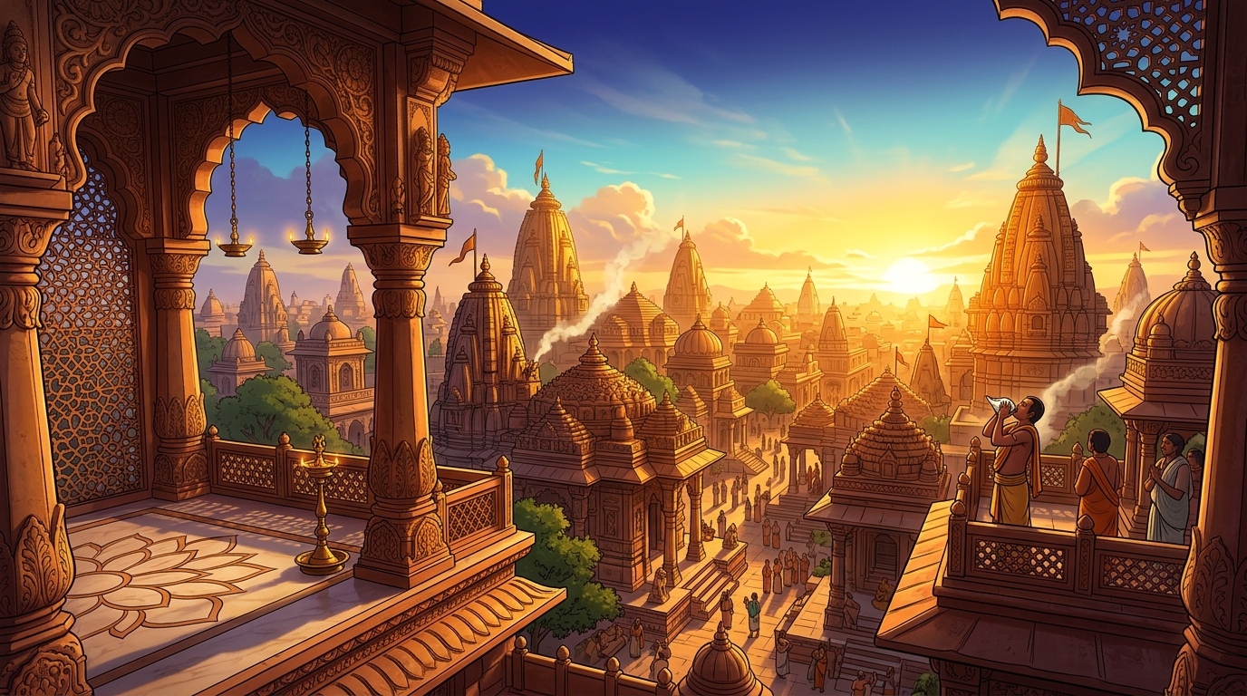 Golden dawn sunlight flooding across the sandstone arches as temple conches sound