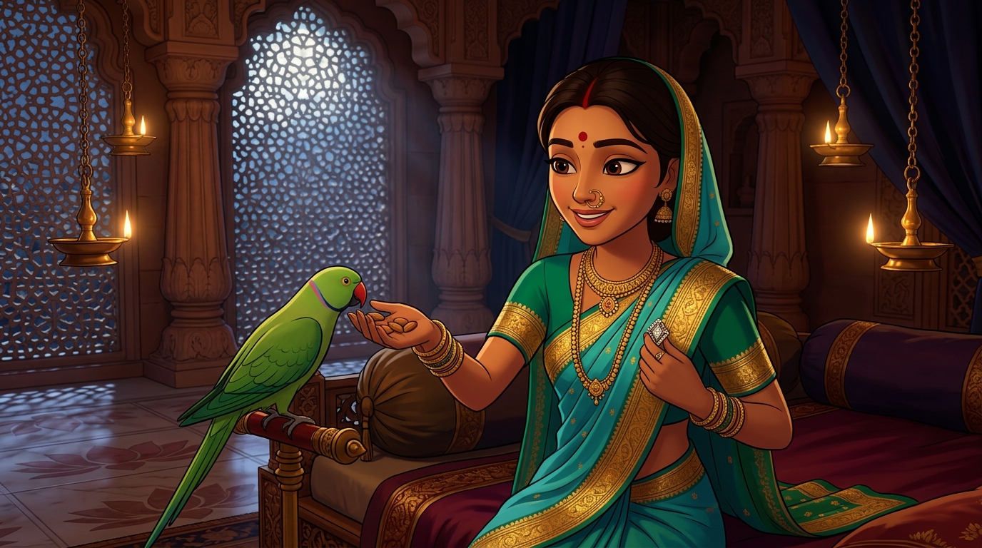Prabhavati unclasps the diamond brooch, hands Shuka sweet almonds, retreats peacefully