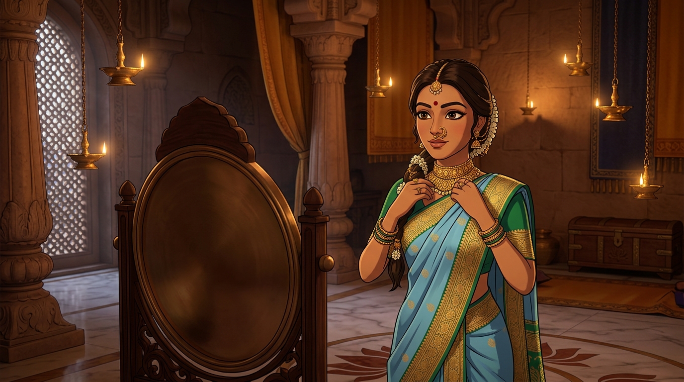 Prabhavati in sky-blue and emerald silk fastening the choker by candlelight