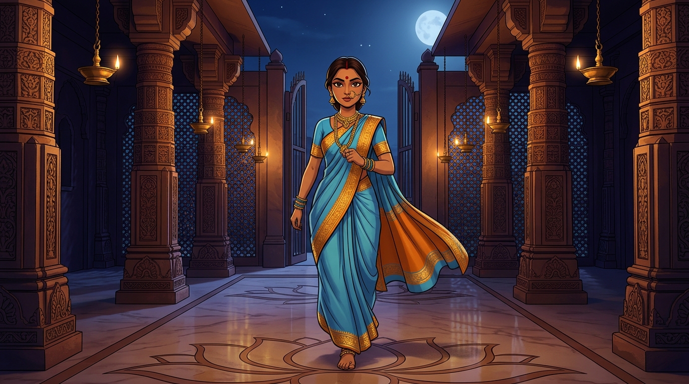 Prabhavati walking toward the courtyard gate with swift, confident steps under the moonlit sky
