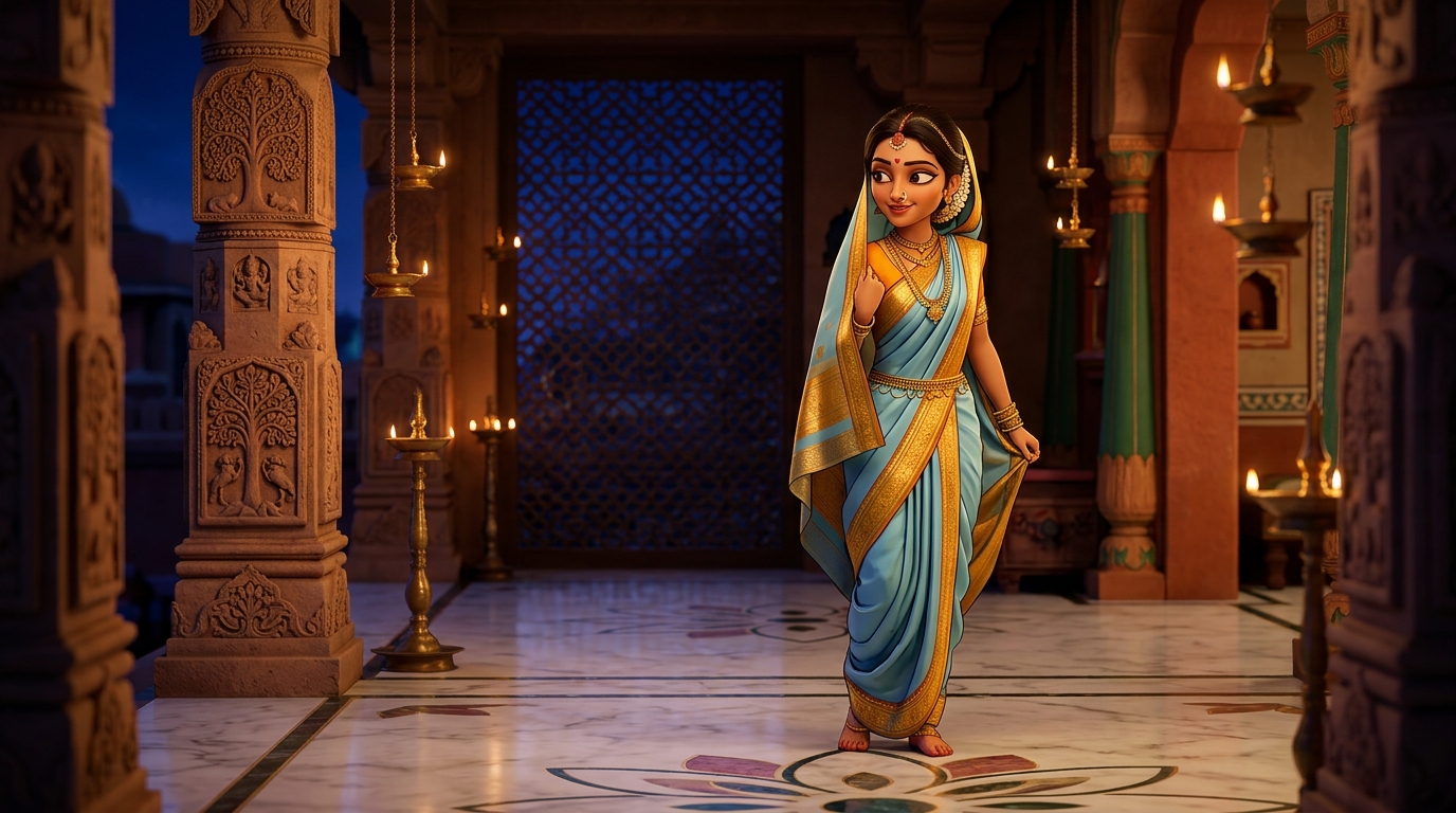 Prabhavati pausing on the doorstep with an amused smile