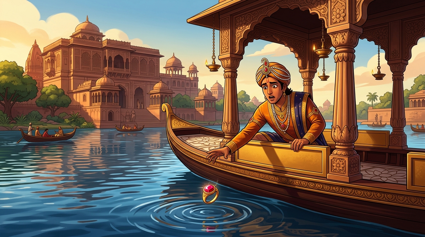 On the lotus lake of Ujjayini, Emperor Vikramasena accidentally drops his ruby signet ring