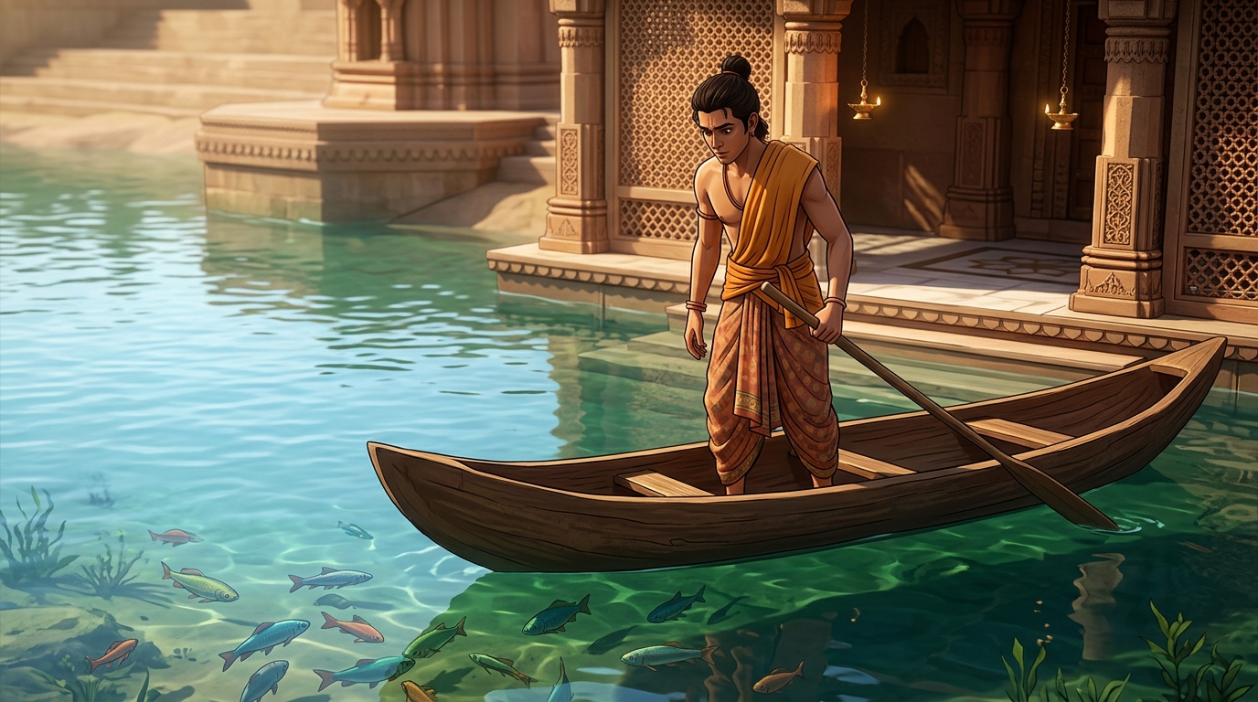 Dheemanta stands in his wooden canoe, carefully observing schools of swimming fish