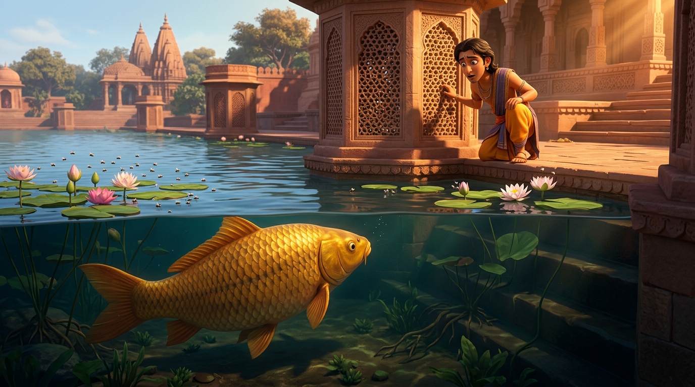Dheemanta spots a colossal golden lotus carp swimming sluggishly near the lake bed
