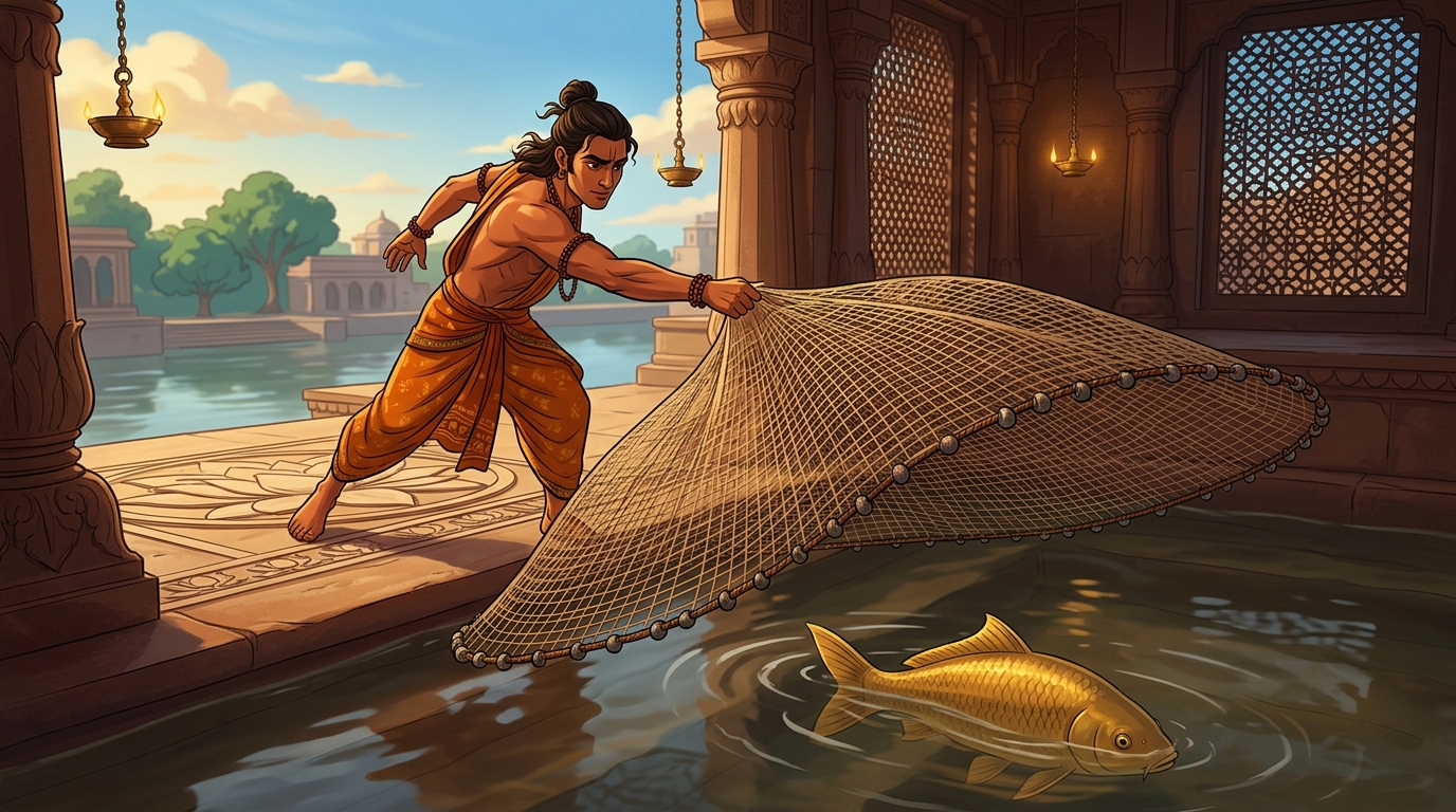 Dheemanta casts his circular woven fishing net with pinpoint precision