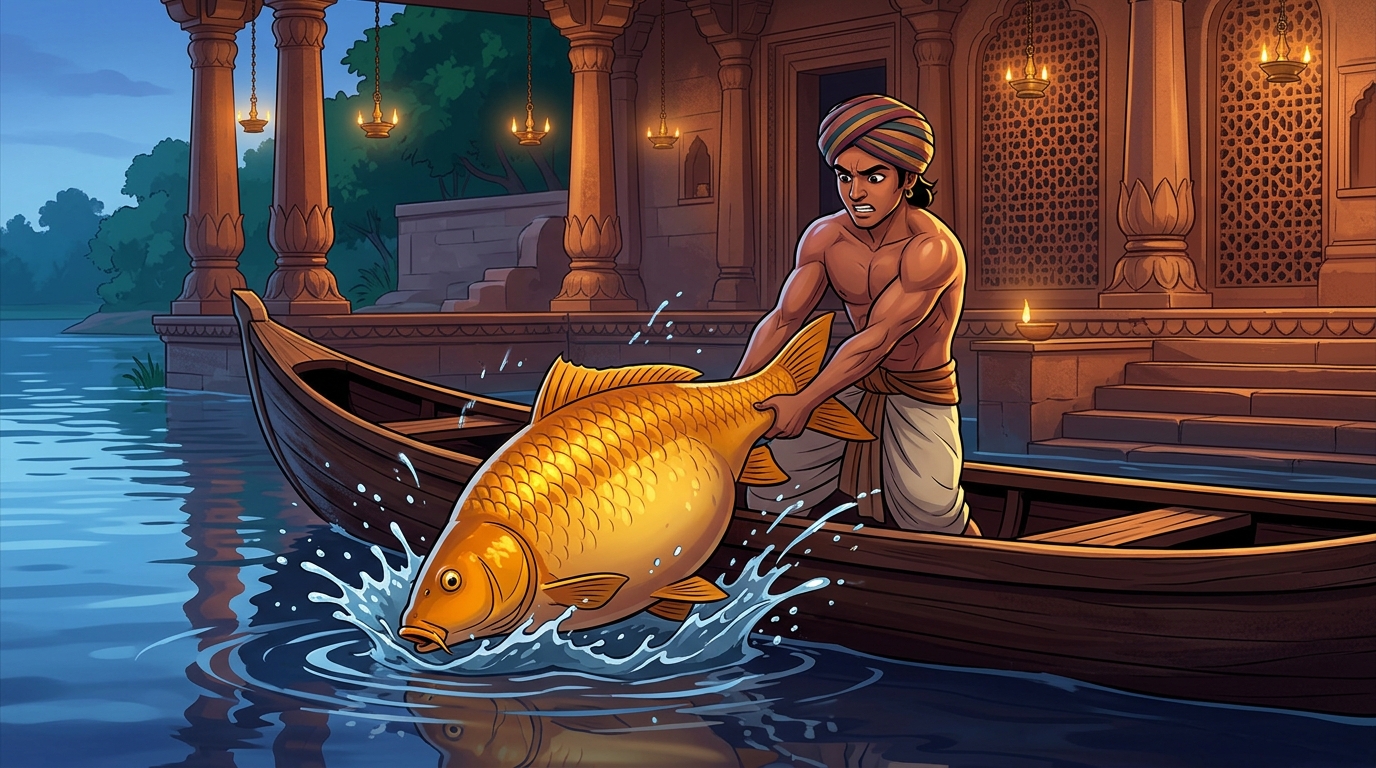 Dheemanta hauls the thrashing giant golden carp into his canoe, its heavy belly bulging