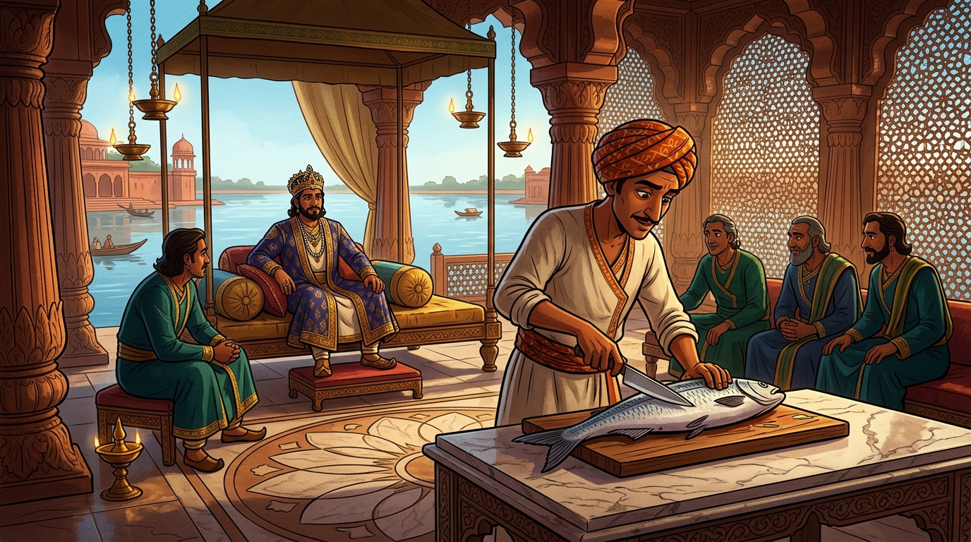 In the royal pavilion, the chef slices open the fish before the Emperor and ministers