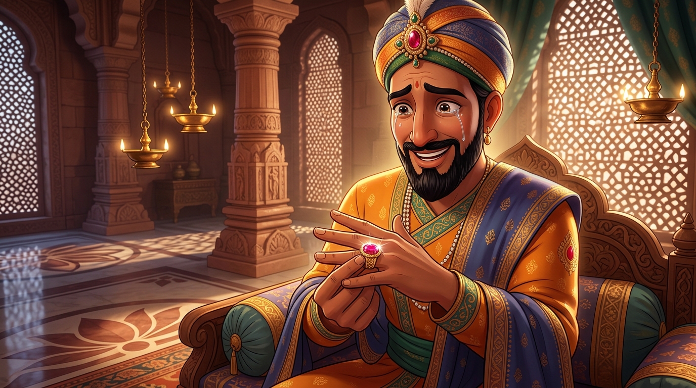 Emperor Vikramasena slips the sparkling ruby signet ring back onto his finger, weeping with joy