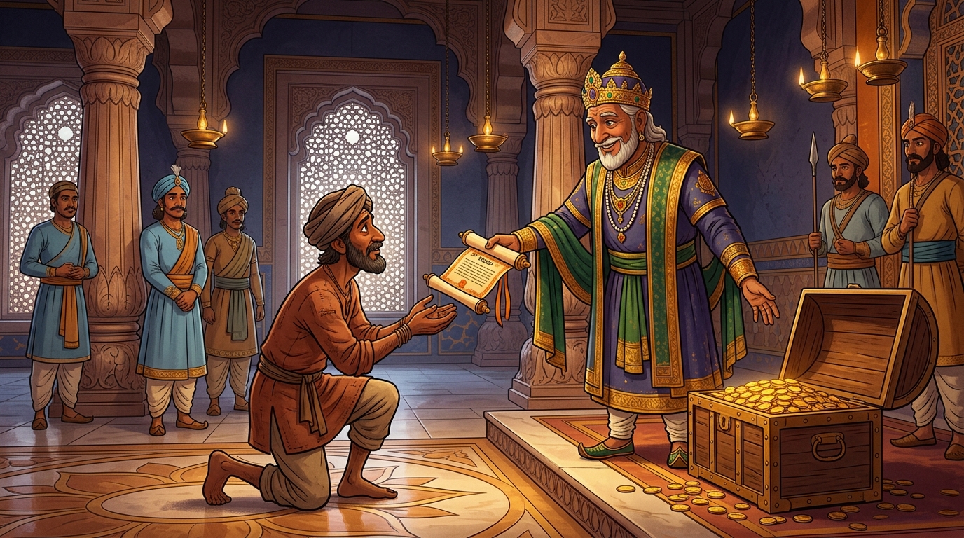 The Emperor awards Dheemanta a deed to a village estate and a chest of gold coins
