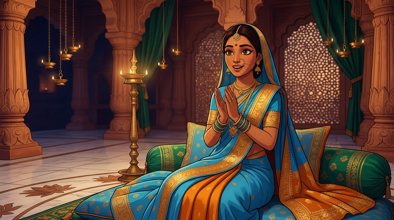 Prabhavati sitting on the silk cushions, clapping in wonder at the lotus carp deduction