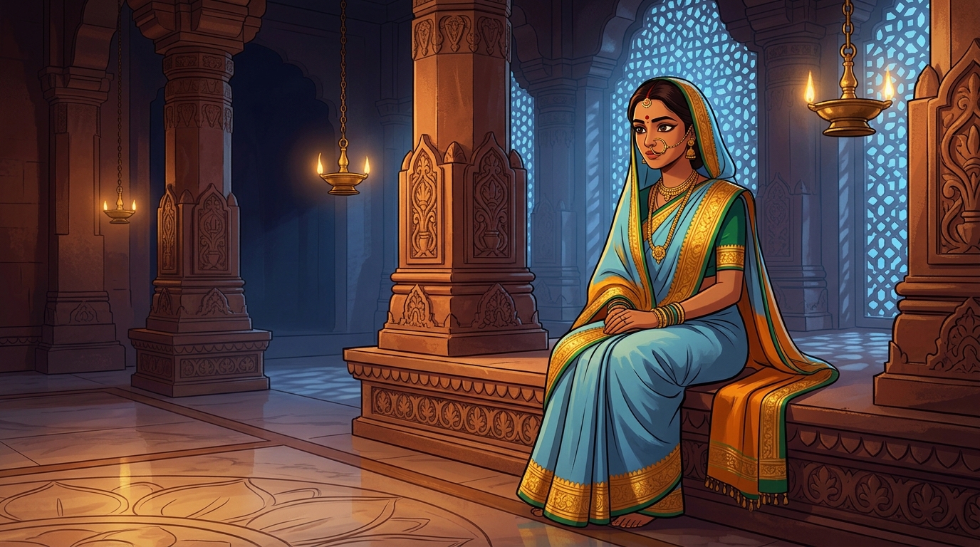 Prabhavati in deep contemplation, realizing serenity and keen observation overcome confusion