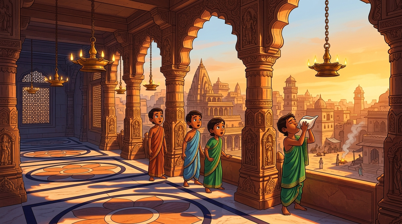 Golden dawn sunlight flooding across the sandstone arches as temple conches sound