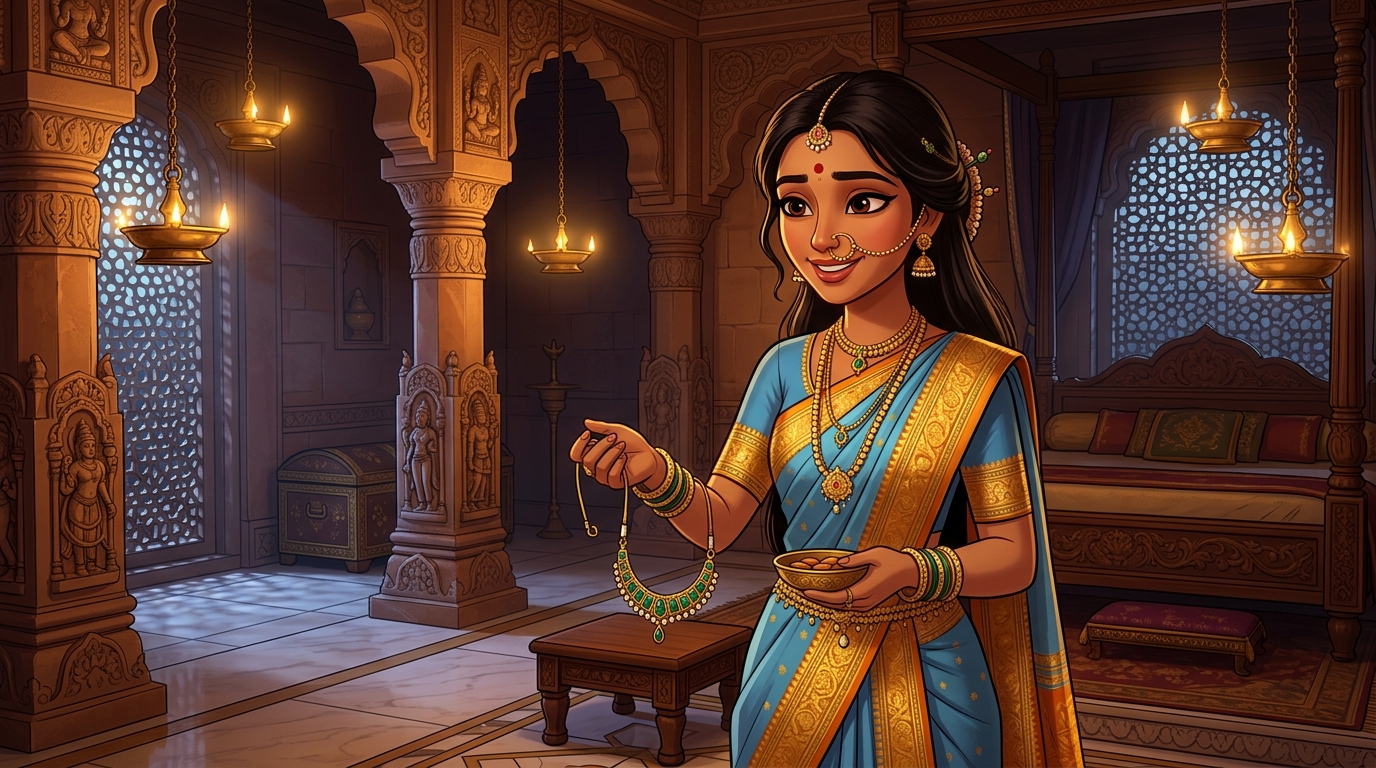 Prabhavati unclasps the emerald choker, hands Shuka sweet almonds, retreats peacefully