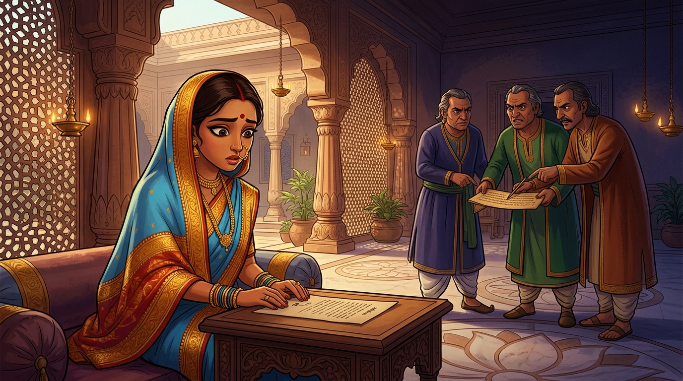 Prabhavati draped in royal saffron and crimson silk, trembling as envoys demand her signature