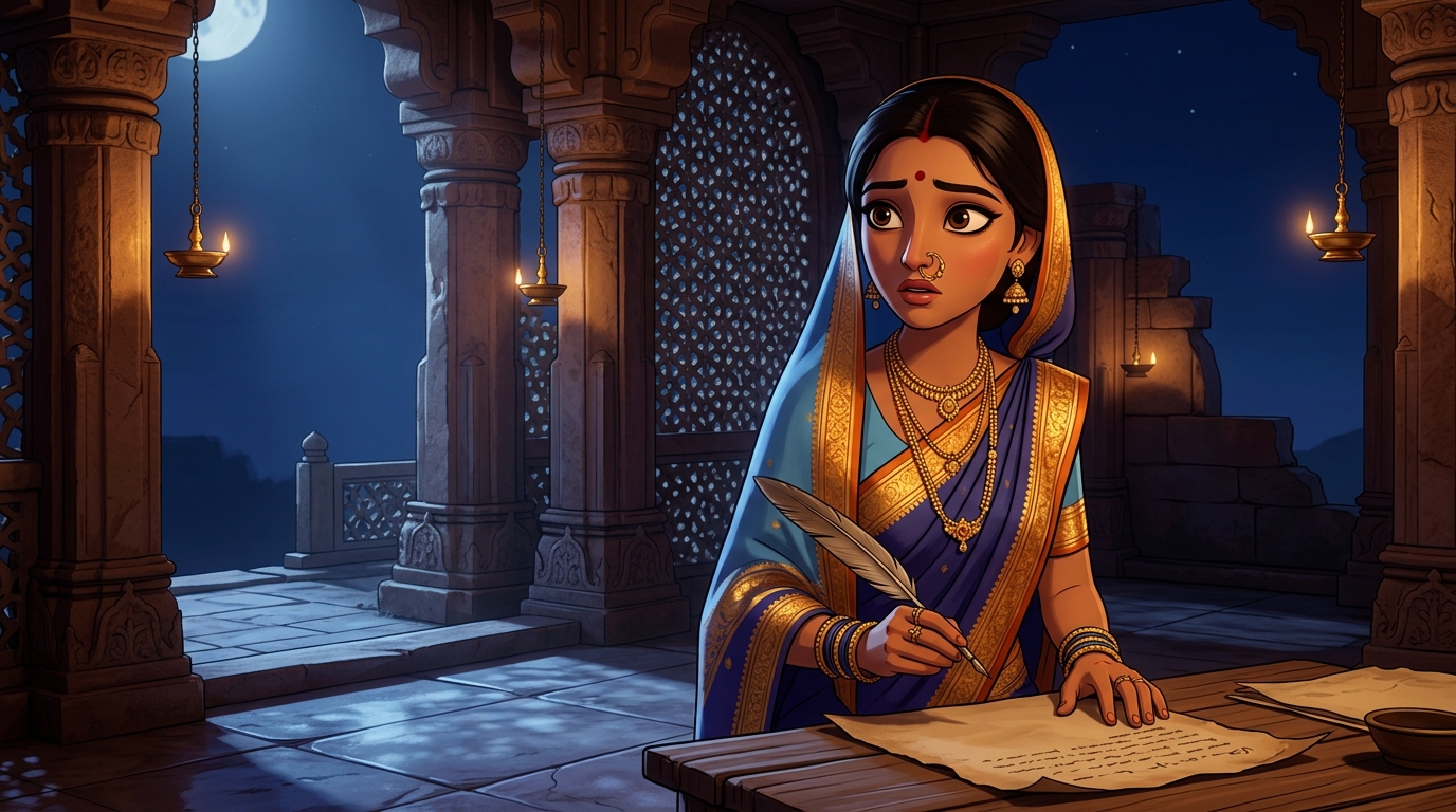 Prabhavati holds the quill with shaking hands, hesitating at the threshold of ruin