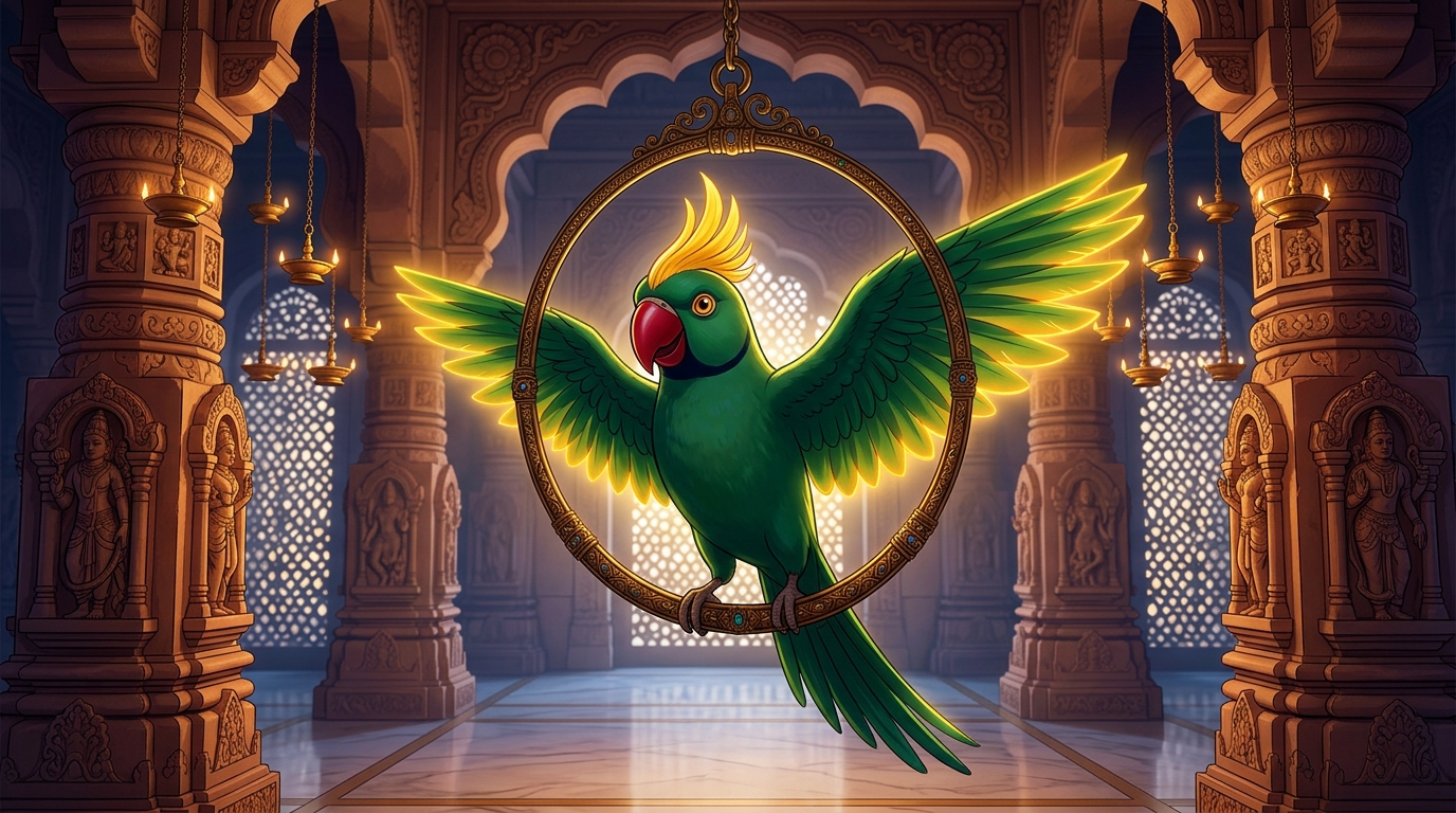 Shuka spreads emerald wings with solar saffron radiance from his golden swing