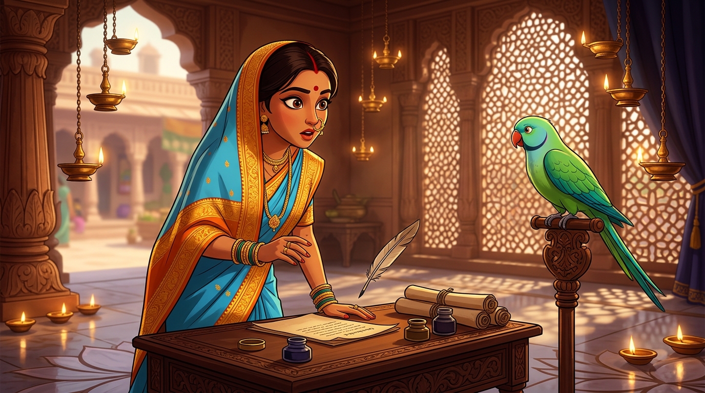Prabhavati drops the quill in fiery realization, asking for the secret counter-test