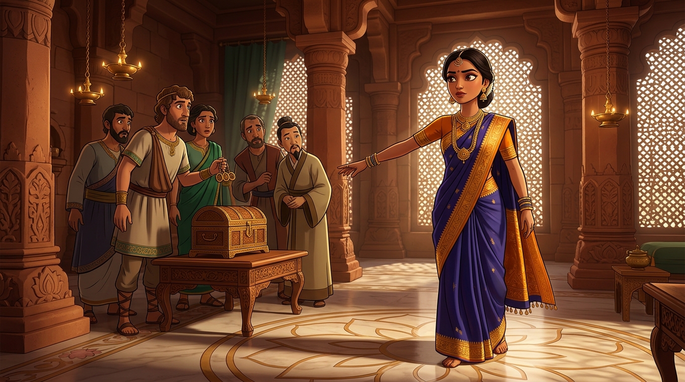 Prabhavati turns to foreign envoys with fearless majesty, demanding the three-ring seal