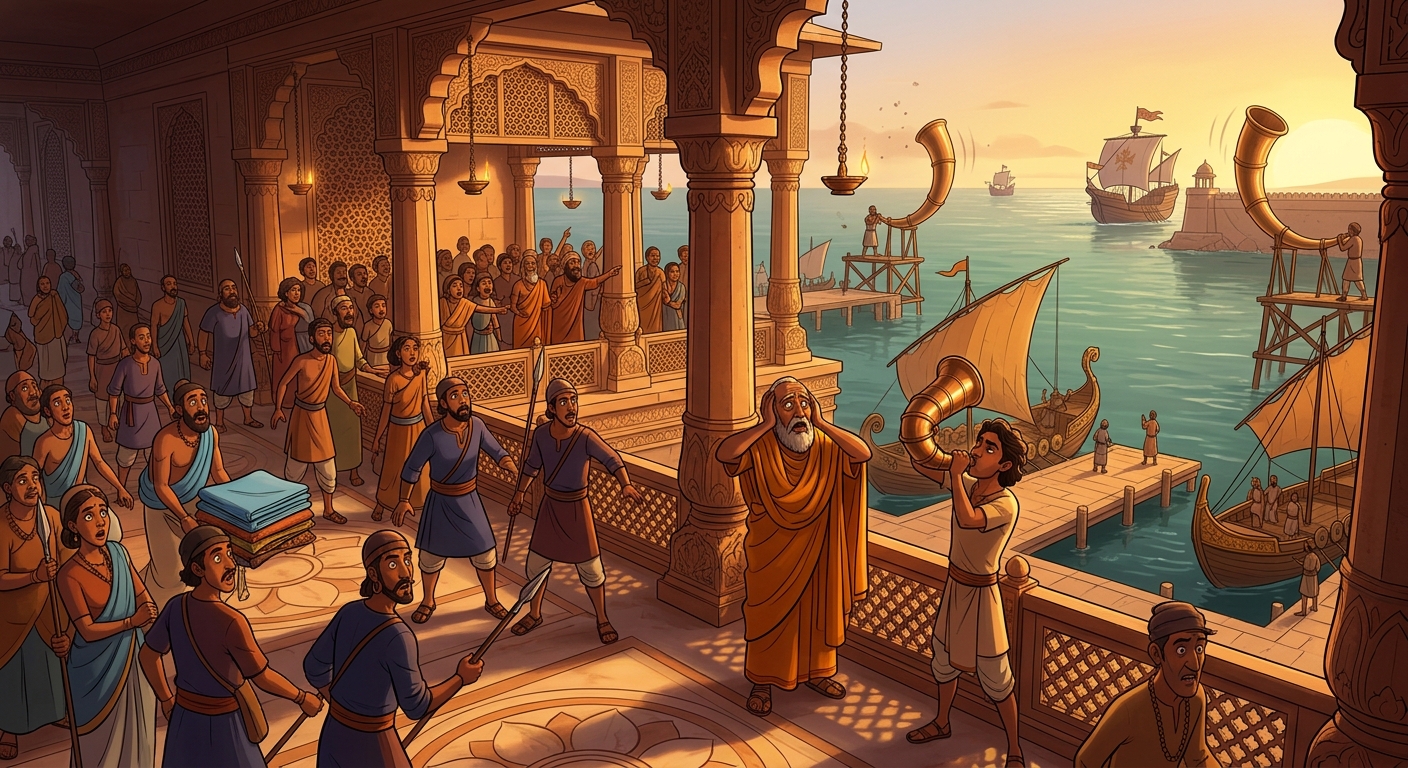 Loud ceremonial sea conches and bronze harbor horns resound from Chandravati ocean harbor