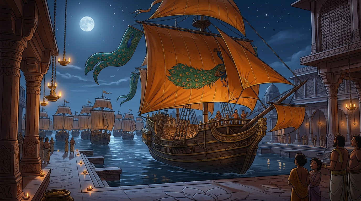 Madanavinoda's flagship with golden sails and peacock banners glides into harbor with 30 galleons