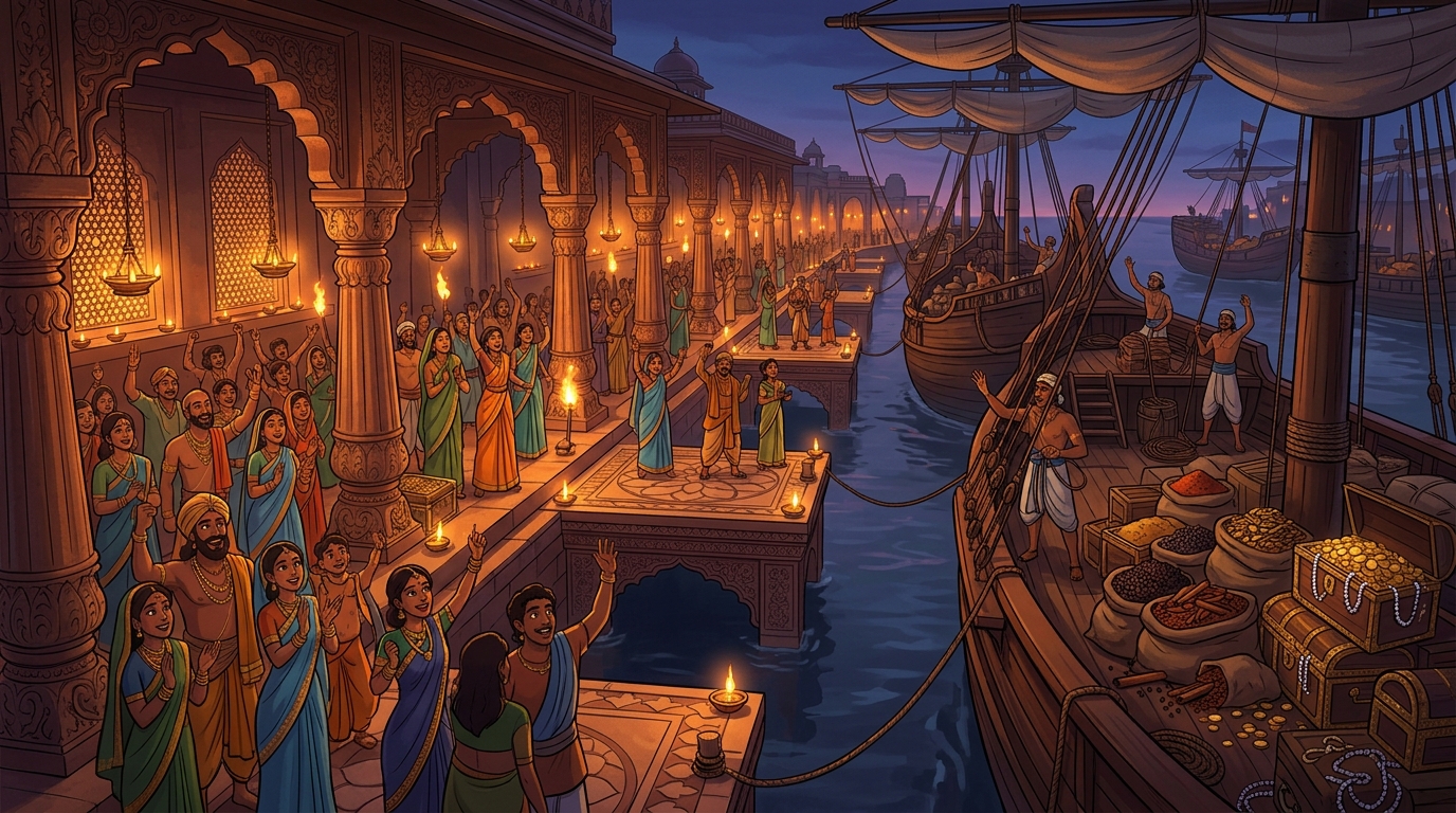 The harbor illuminates with thousands of torches as citizens cheer the return of the fleet