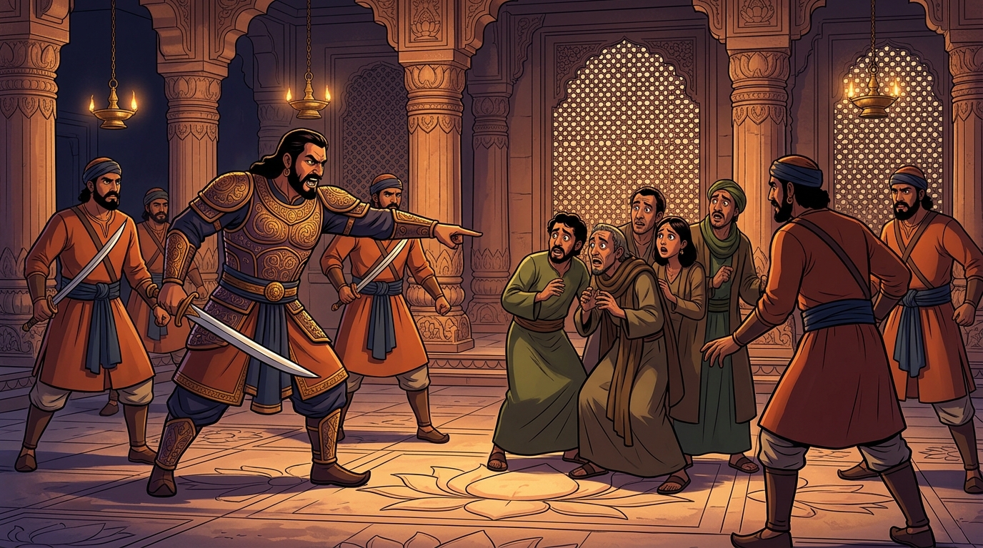 Madanavinoda's royal captain and armed guards storm into courtyard, surrounding the imposters